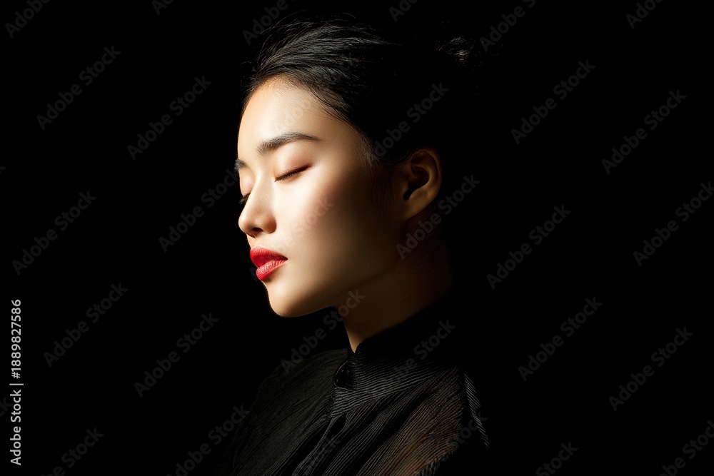 Fototapeta premium An elegant woman in her twenties, with her black hair tied up, wearing an elegant black dress, wearing red lipstick, exuding timeless charm and graceful elegance.