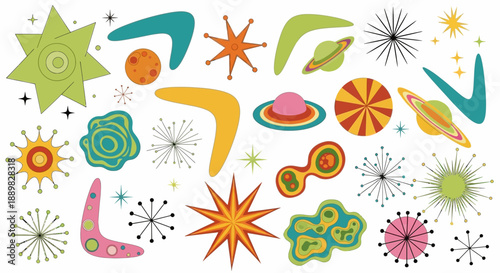 Retro atomic era design featuring abstract space elements and boomerang shapes in vibrant colors