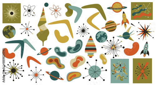 A vibrant collection of mid-century modern shapes and objects evokes retro design trends