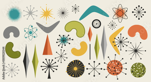 Whimsical Mid-Century Modern Atomic Era Design with Retro Shapes and Starbursts Pattern