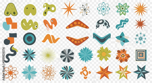Eclectic compilation of retro inspired design elements, diverse shapes, vibrant colors, geometric
