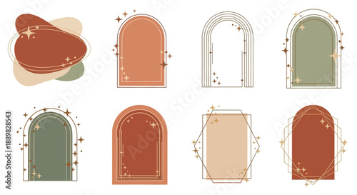 Ethereal collection of geometric shapes and arches with sparkling star accents in muted earthy tones