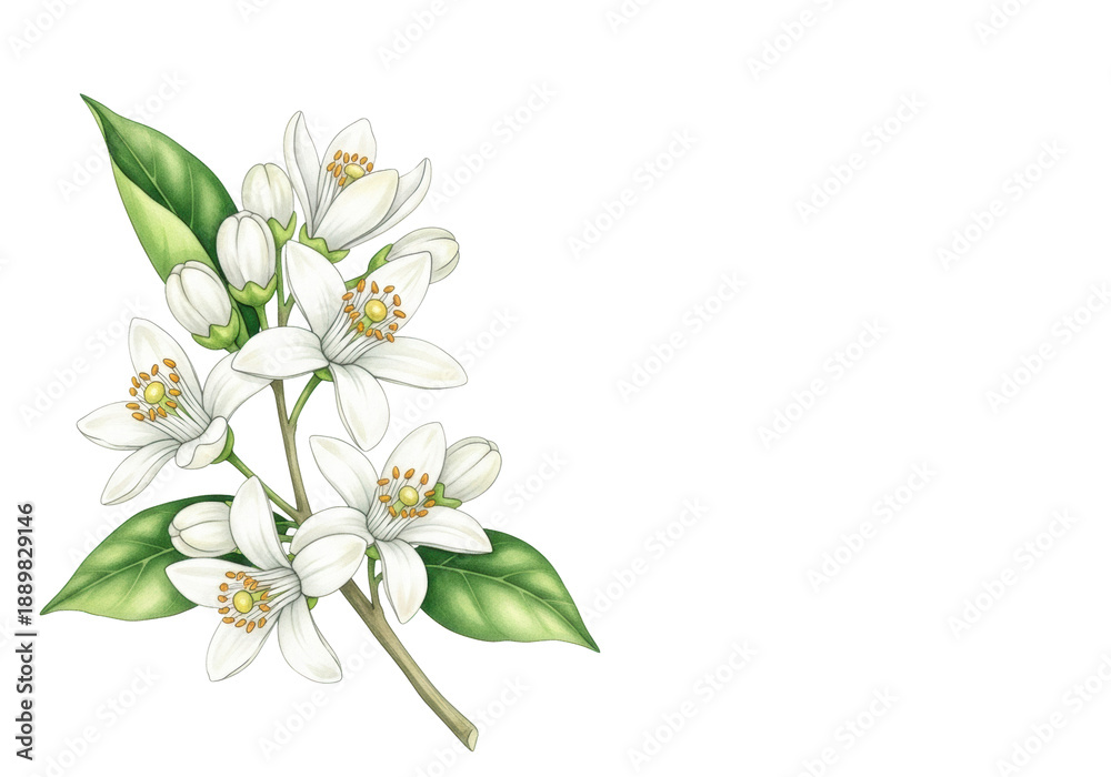 Fototapeta premium delicate watercolor botanical illustration of transparent orange blossoms, green buds, and glossy leaves on slender stems, isolated on transparent, serene floral elegance atmosphere