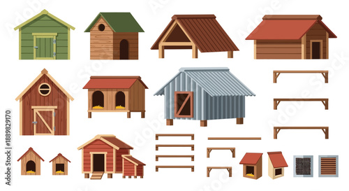 Collection of colorful small house illustrations with varied rooflines and charming details.