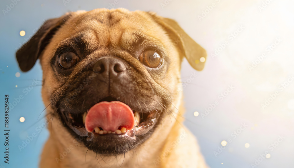 Obraz premium Happy Pug Dog Portrait: A cheerful pug with its tongue out, radiating joy and playfulness, a perfect visual for heartwarming moments and pet-related content
