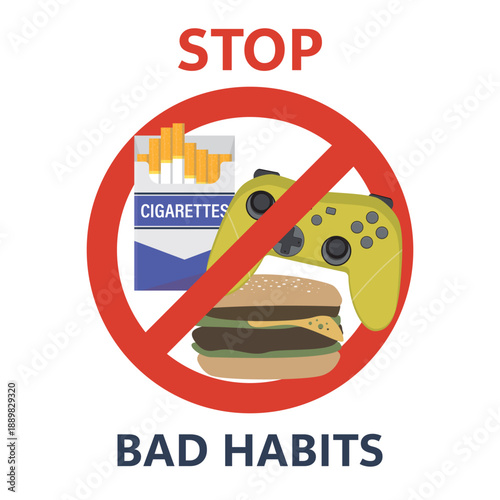 Joystick, cigarettes package and hamburger in red circle. Bad habits in prohibition red sign. Stop tobacco, fast food and gaming addiction. Smoking and junk food kills,