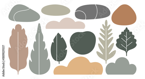 Assorted botanical leaves and decorative stones in earthy tones and simple silhouettes.
