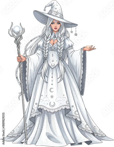 white witch character with staff sorcery magic.