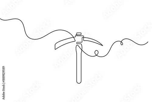One line drawing of a pickaxe icon featuring minimalist style and isolated outline vector illustration