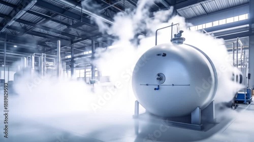 Large storage tank emitting vapor in industrial warehouse setting