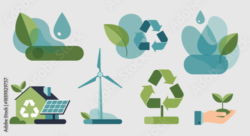 Environmental sustainability icons featuring leaves, recycling, wind power and eco tech.