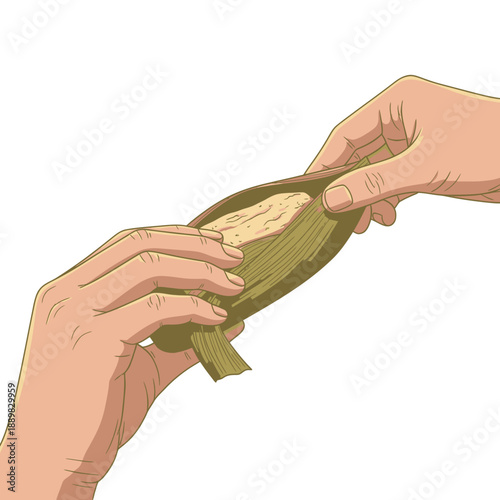 Hands preparing tamale wrapped in corn husk with masa filling