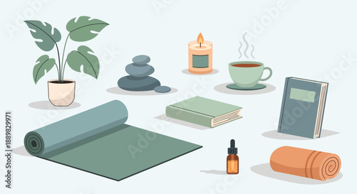 Calming wellness setup with yoga mat, stones, candle, tea and plants for relaxation.
