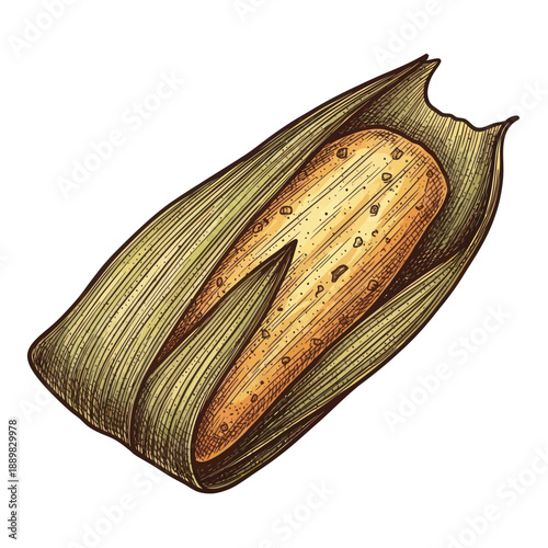 Photos Hand-drawn illustration of a tamale wrapped in corn husk, traditional Mexican fo