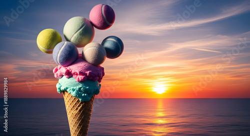 Creative surreal image of a colorful ice cream cone topped with tennis balls against a beautiful sunset over the ocean