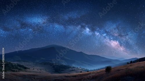 Slika na platnu Starlit Peaks: Milky Way Over Mountain Valley Night Sky