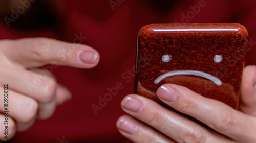 Close up of a person holding a smartphone showing a sad face icon on the screen representing poor customer service, negative feedback, and online reputation management