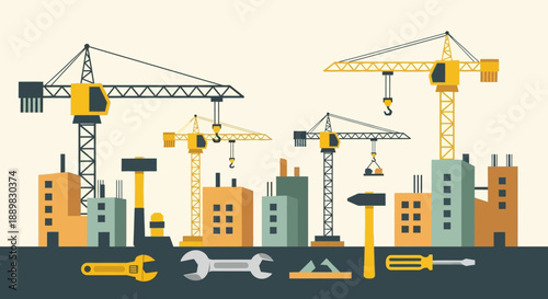 Busy urban construction site with cranes and high rise buildings under development.