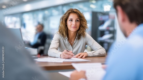 Bank Advisor Explains Safe Banking Practices to Customers at a Branch During the Day