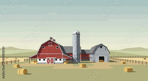 Rural farm landscape featuring a red barn, silo and hay bales in a sunny countryside setting.