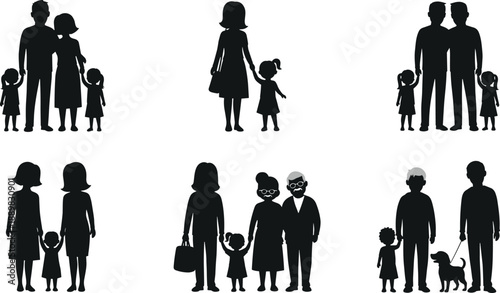 Modern family silhouettes, diverse family structures, same-sex parents, single mother, multigenerational family, pet dog, black icons, lifestyle, unity, love