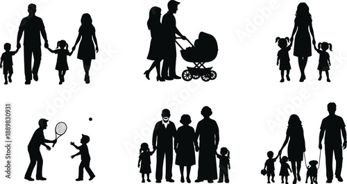 Family silhouettes, everyday activities, walking together, stroller scene, multigenerational group, dog on leash, black icons, lifestyle, unity, love, bonding
