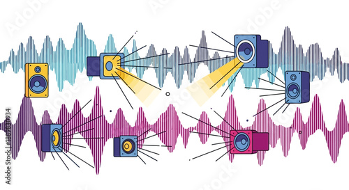 Vibrant Abstract Illustration of a Networked Surveillance Camera System in a Dynamic Digital Environment.