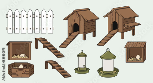 Collection of wooden dog houses with gates, crates, ramps and lanterns in a rustic yard illustration.