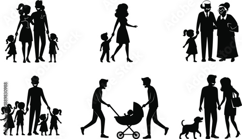 Family silhouettes, diverse relationships, single parent, elderly couple, stroller scene, pet dog, black icons, lifestyle concept, unity, love, bonding