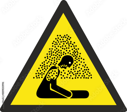 Asphyxiating atmosphere warning sign. Vector illustration of yellow triangle sign with sitting man in fumes of pollution. Caution exposure to asphyxiating atmosphere. Hazard symbol. Dangerous air.