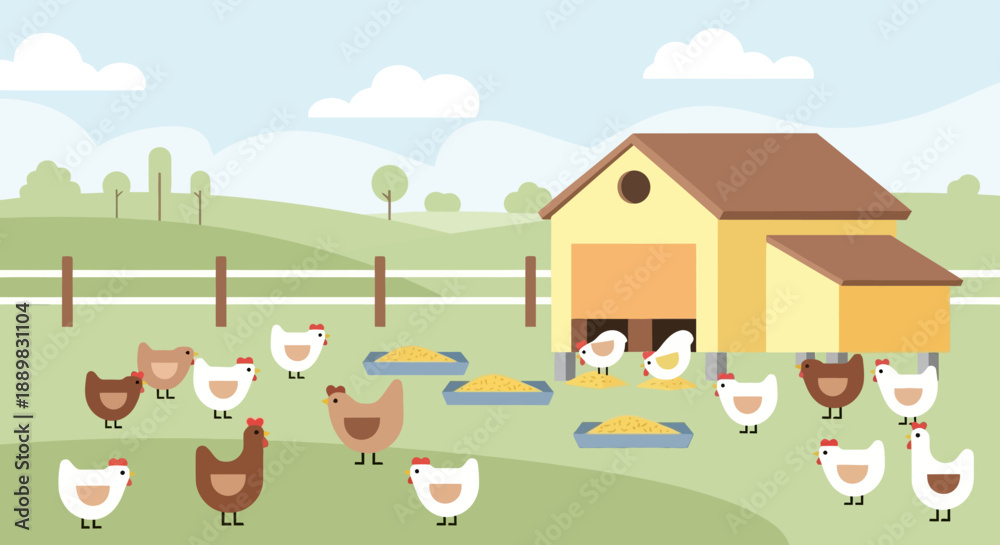 Fototapeta premium Sunny farmyard scene with chickens roaming near a coop and feeding trough.