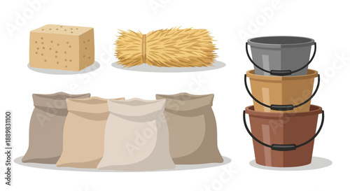 Assorted bakery and cooking ingredients including cheese, bread, flour sacks and stacking bowls.