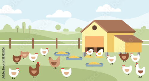 Sunny farmyard scene with chickens roaming near a coop and feeding trough.