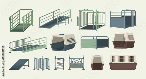 Collection of various metal fences and gates in assorted colors and viewpoints.
