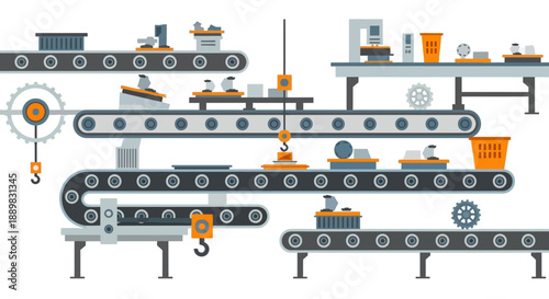 Industrial assembly line with automated conveyors and machinery in a factory setting showing production processes.