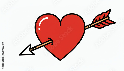 Flat vector illustration of a red heart pierced by a cupid arrow symbolizing falling in love or lovestruck concept.
