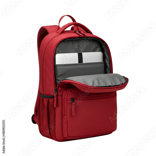Red backpack with open compartment on transparent background