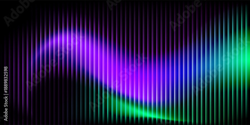 Futuristic neon texture with a wave in green and purple bright shades against a dark background. The effect of corrugated glass with vertical lines.