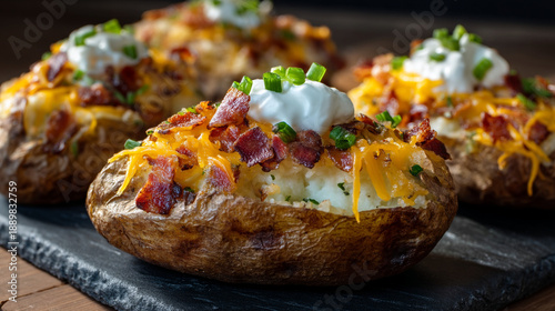 Close-up of Loaded Baked Potato with Bacon, Cheese and Sour Cream