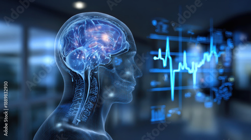 Human brain anatomy neuroscience medical scan digital hologram healthcare technology concept in hospital background