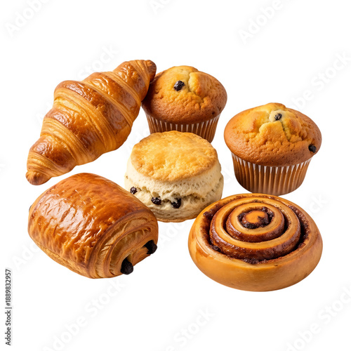 Assorted baked goods including croissants and muffins on transparent background