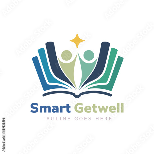 Smart education logo with open book and human figures for learning academy school branding, modern knowledge icon vector design.
