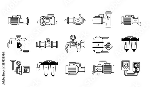 Minimal water pump and liquid flow system vector icons for technical and engineering design