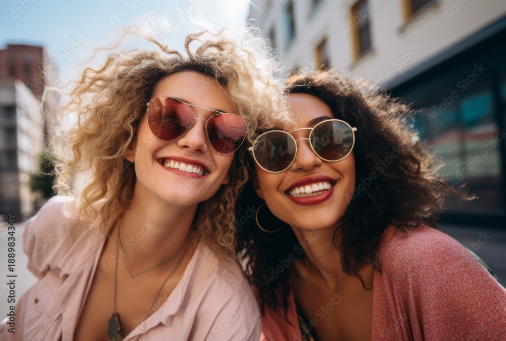 Two young women smiling happily outdoors while wearing stylish sunglasses on a sunny day in a vibrant urban setting