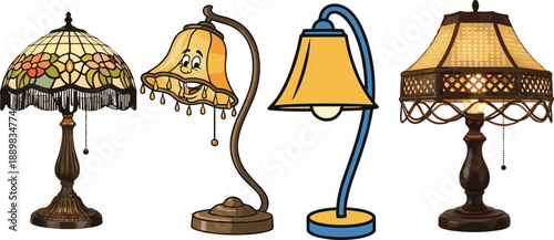 Vintage and modern table lamps collection isolated on white background featuring decorative shades, classic designs, cozy lighting, and home interior decor
