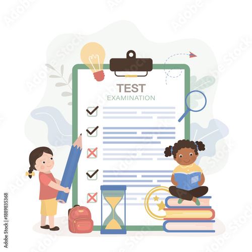 School, learning concept. Happy multiethnic schoolgirls doing online or offline test or exam. Education, examination or training. Countdown, correct answers