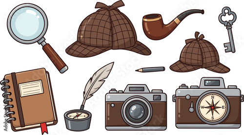 Detective investigation icons set with magnifying glass hats camera compass notebook pipe key isolated cartoon illustration on white background