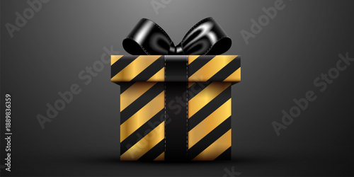 Elegant black and gold gift box with a shiny bow, perfect for celebrations or premium offers. Vector illustration
