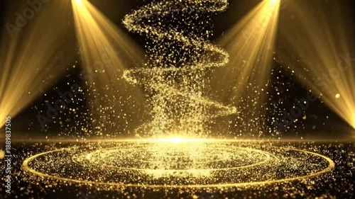 Elegant golden stage with spotlights and glittering particles, perfect for awards ceremonies.