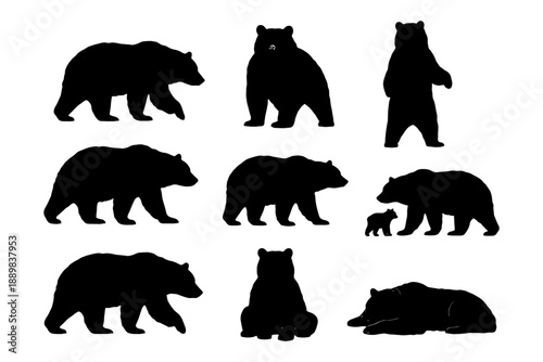 Silhouettes of bears in various poses including cubs.